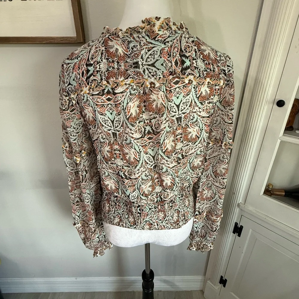 Anthropologie Flounce Printed Ruffle Blouse V Neck Long Sleeve Smocked Top - Picture 5 of 8